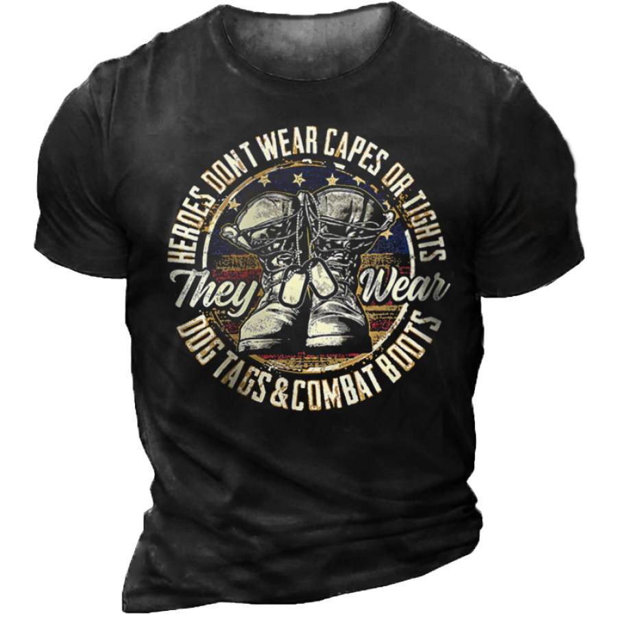 

Men's Heroes Dont Wear Capes They Wear Dog Tags Combat Boots Printed Outdoor Casual T-shirt