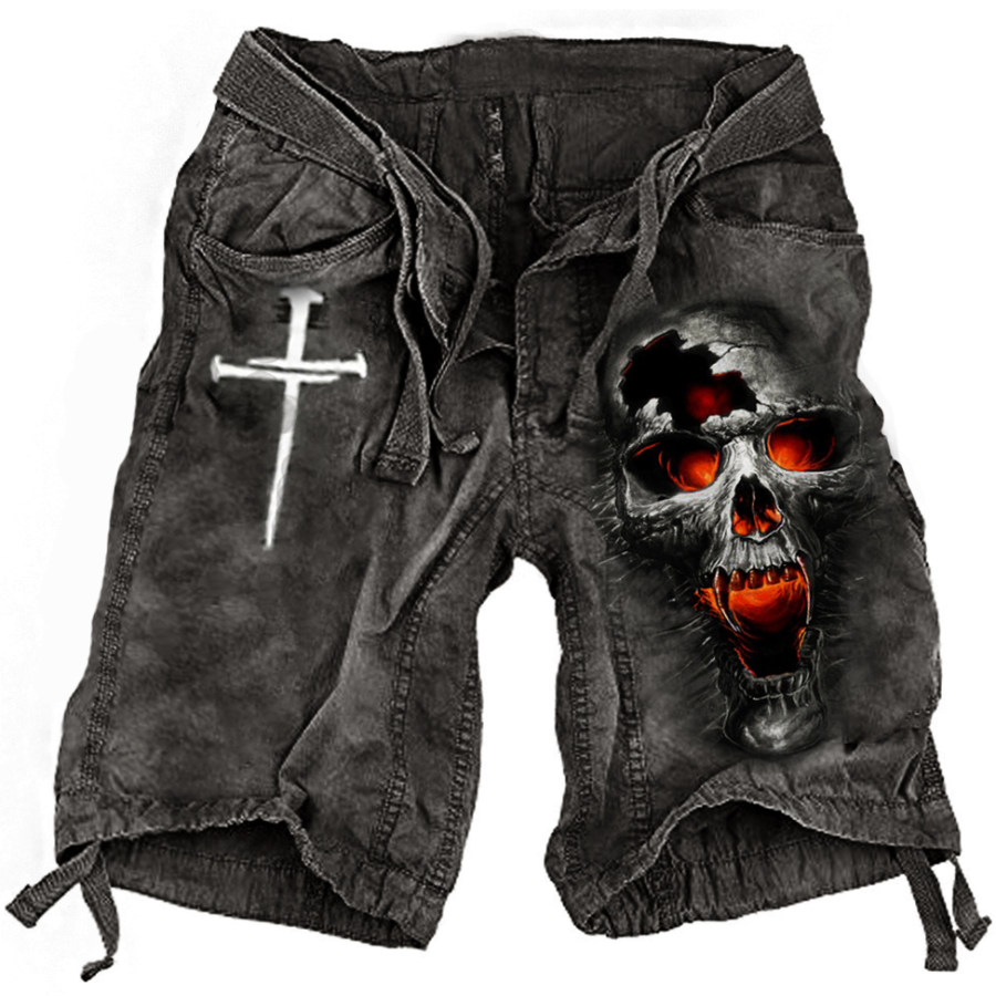 

Men's Outdoor Vintage Cross Skull Print Tactical Cargo Shorts