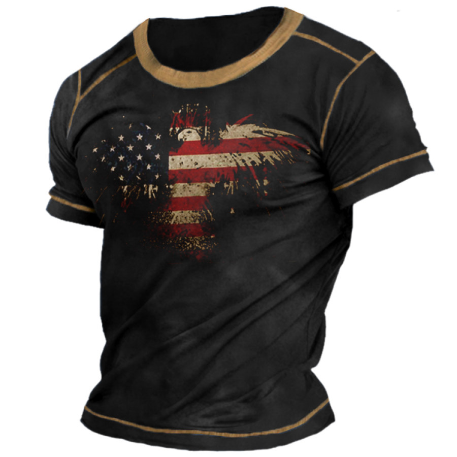 

Men's Fashion Patchwork Contrast Color American Flag Eagle Print T-Shirt