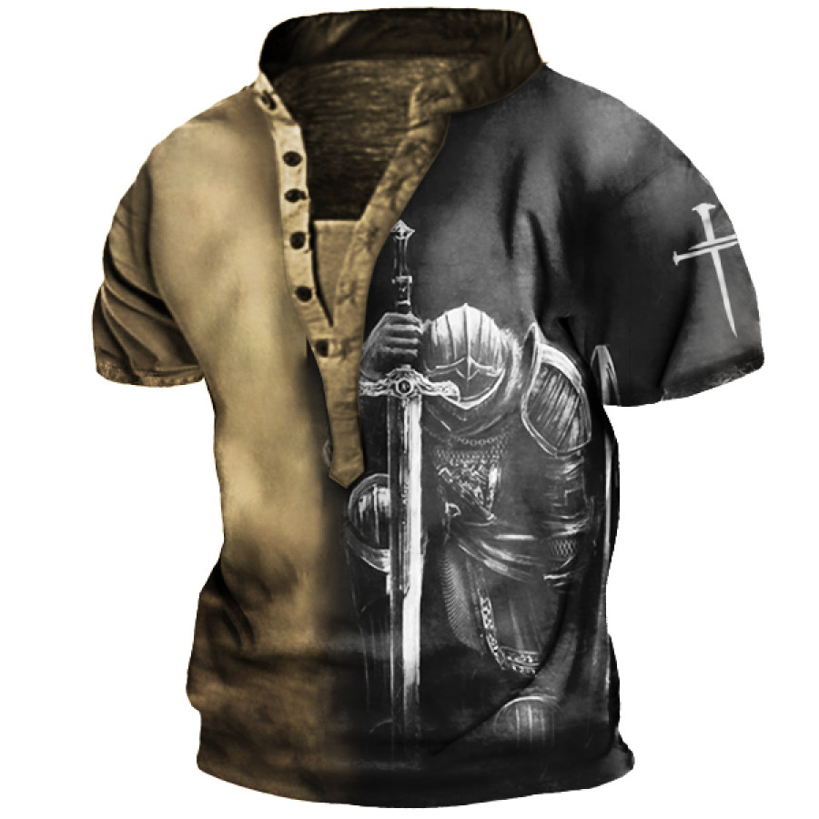 

T-shirt Da Uomo A Maniche Corte Henley All'aperto Da Uomo Con Tatuaggio Del Cavaliere Templare Christian Jesus Cross