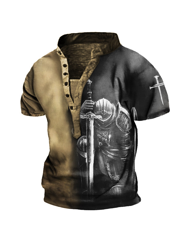 Templar Knight Tattoo Christian Jesus Cross Men's Outdoor Henley Short Sleeve T-Shirt