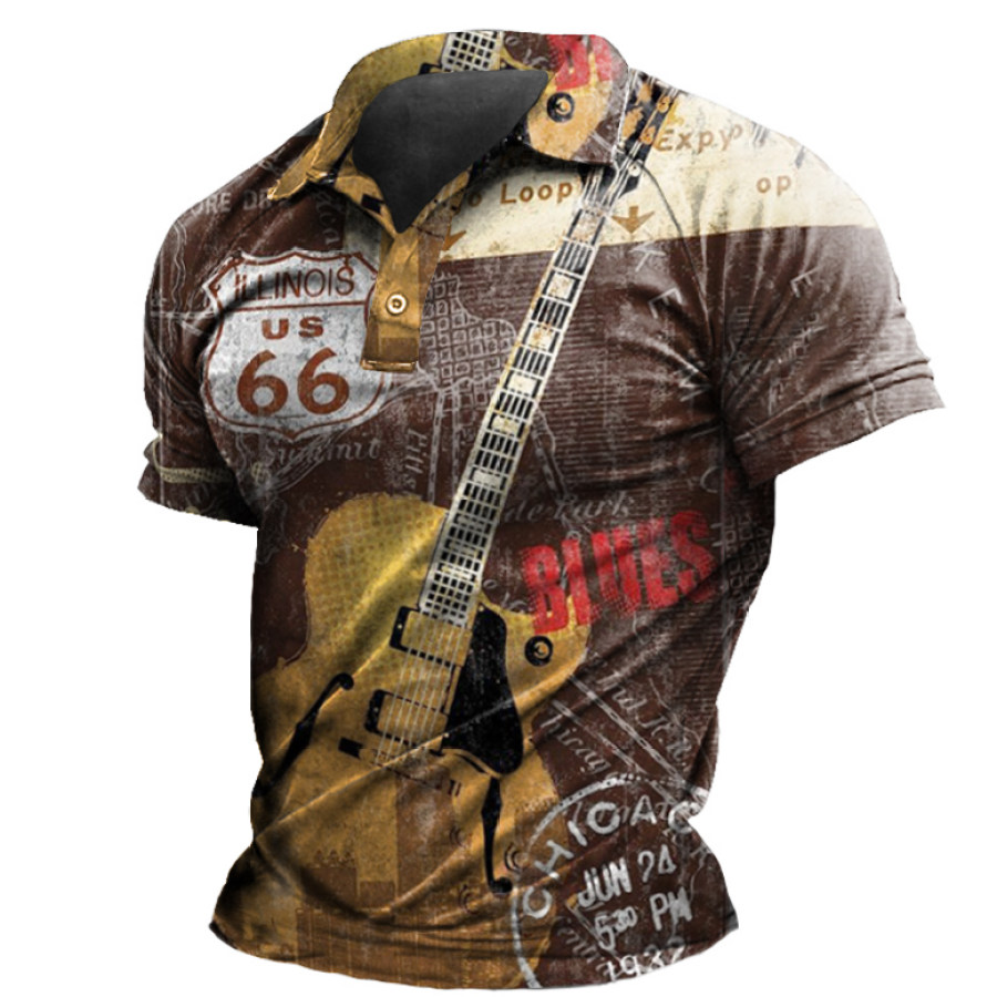 

Men's Outdoor Vintage Route 66 Guitar Print Polo Shirt