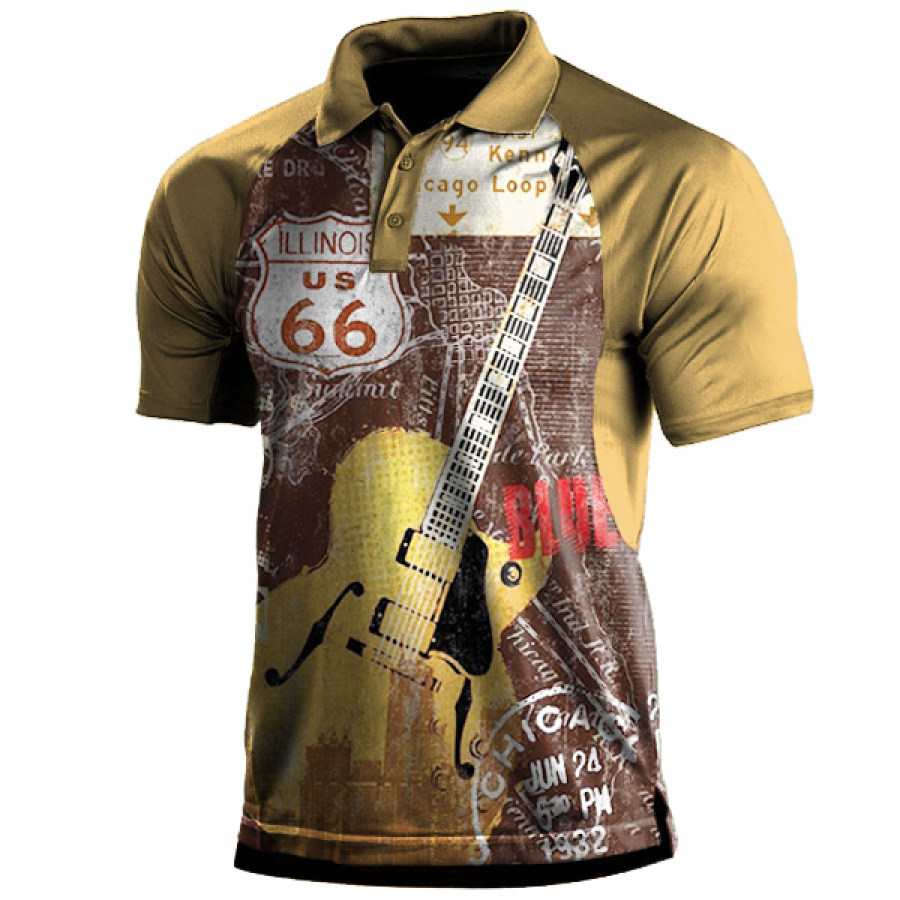 

Men's Outdoor Vintage Route 66 Guitar Print Polo Shirt