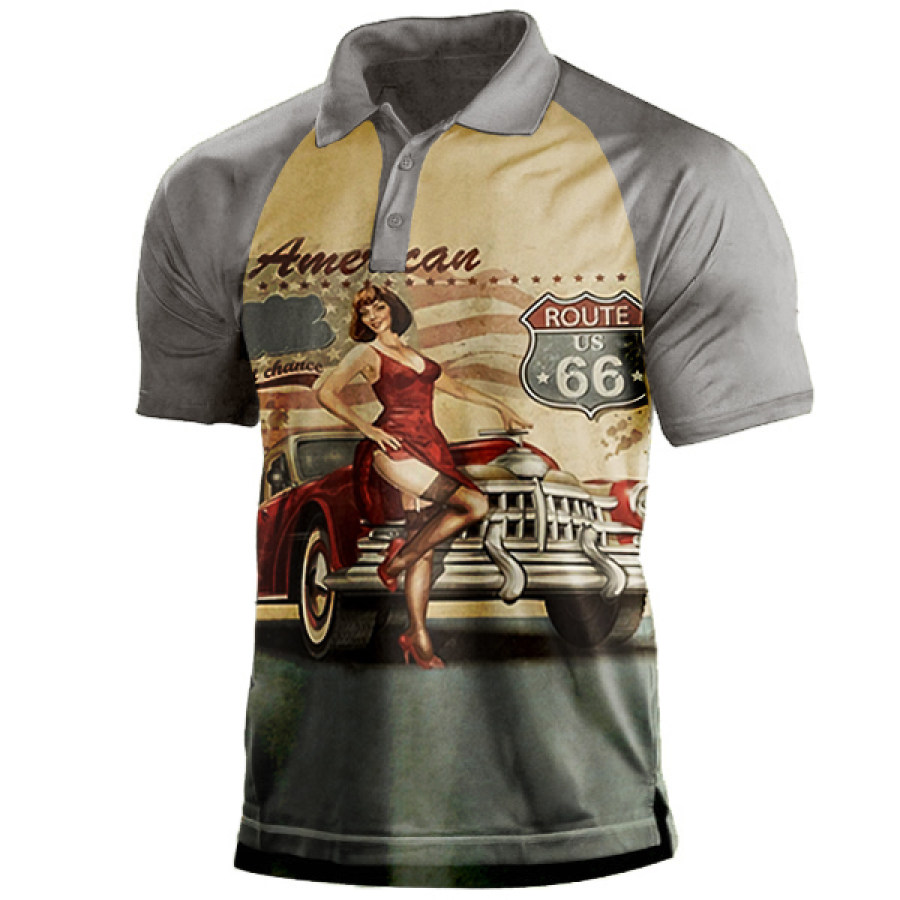 

Men's Vintage American Car Route 66 Print Polo