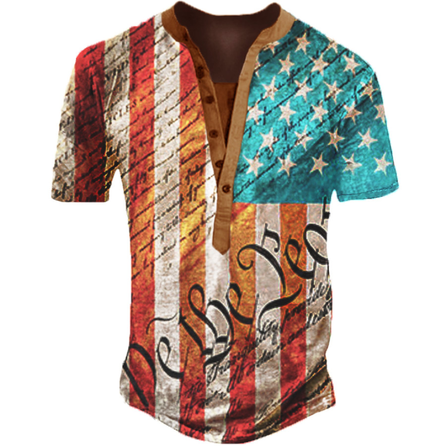 

We The People American Flag Crew Neck Short Sleeve Henley T-Shirt