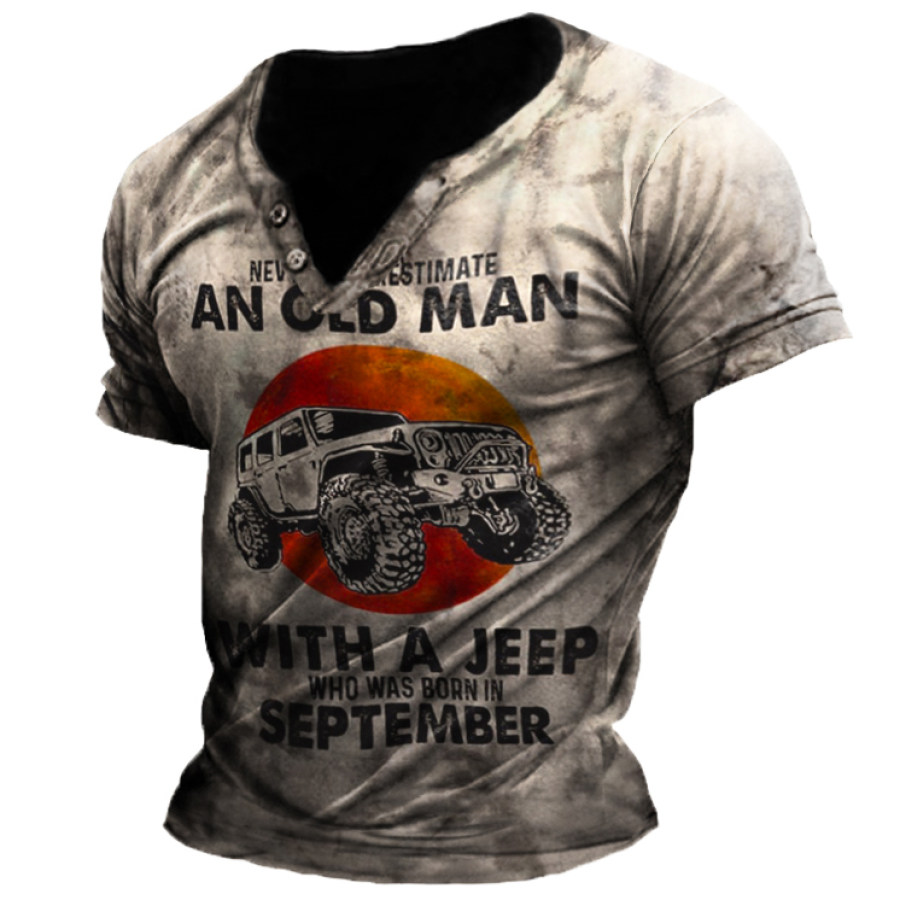 

Men's Outdoor Vintage Old Man Jeep Racing Print V-Neck T-Shirt