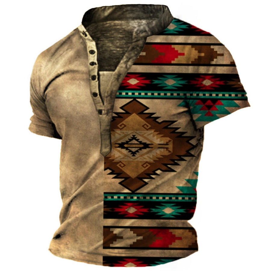 

Men's Vintage Aztec Print Contrast Panel Henley T-Shirt