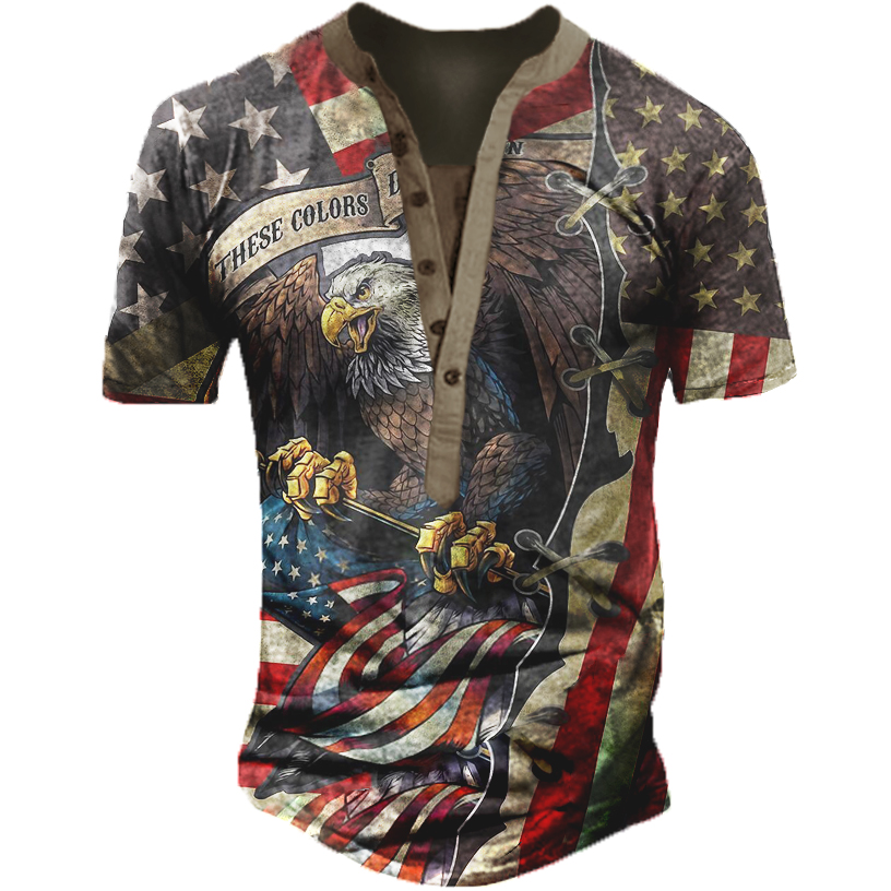 Men's Vintage American Flag Chic Eagle Print Henley T-shirt