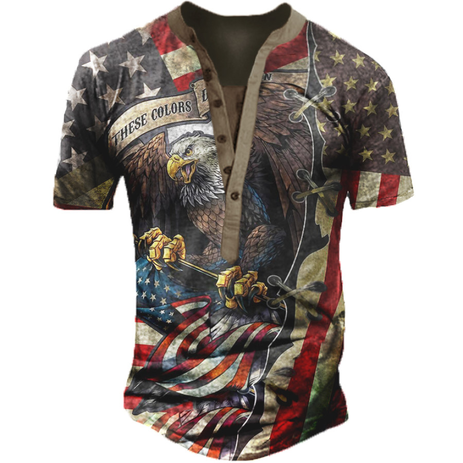 

Men's Vintage American Flag Eagle Print Henley T-Shirt