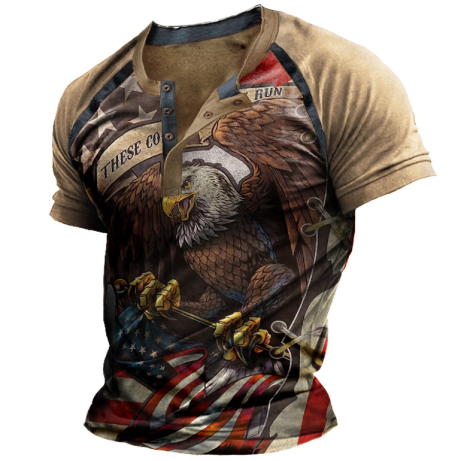 

American Flag Eagle Vintage Print Short Sleeve Equilibrium Henley