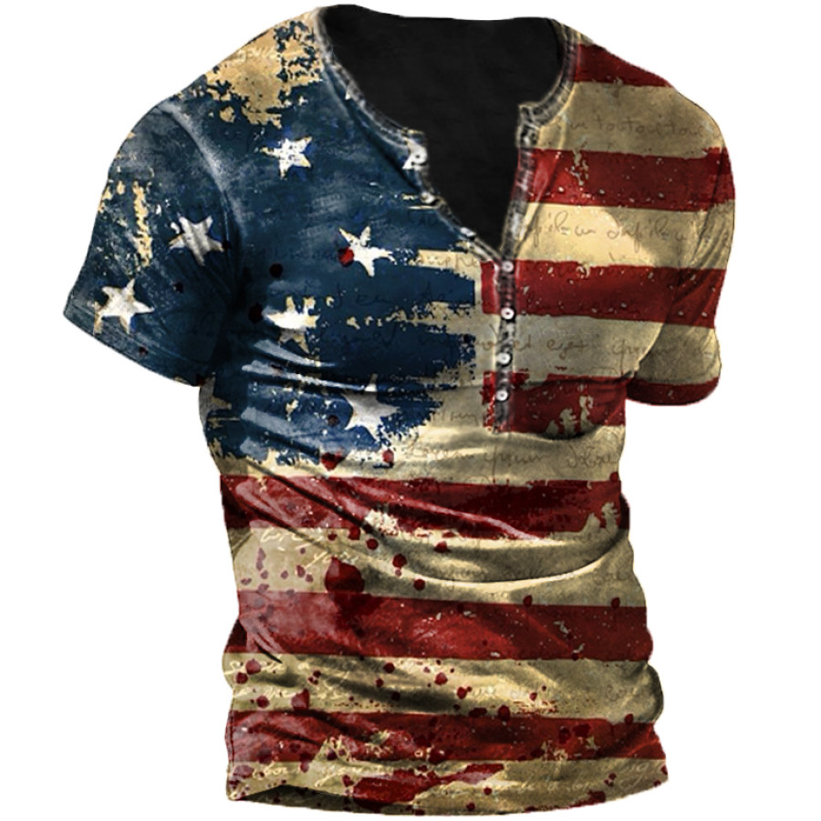 

Men's Casual American Flag Vintage Print Henley T-Shirt