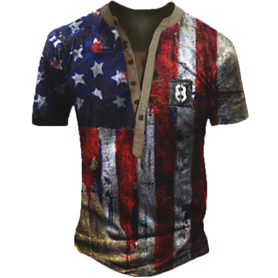 

Men's Vintage American Flag Print Henley T-Shirt