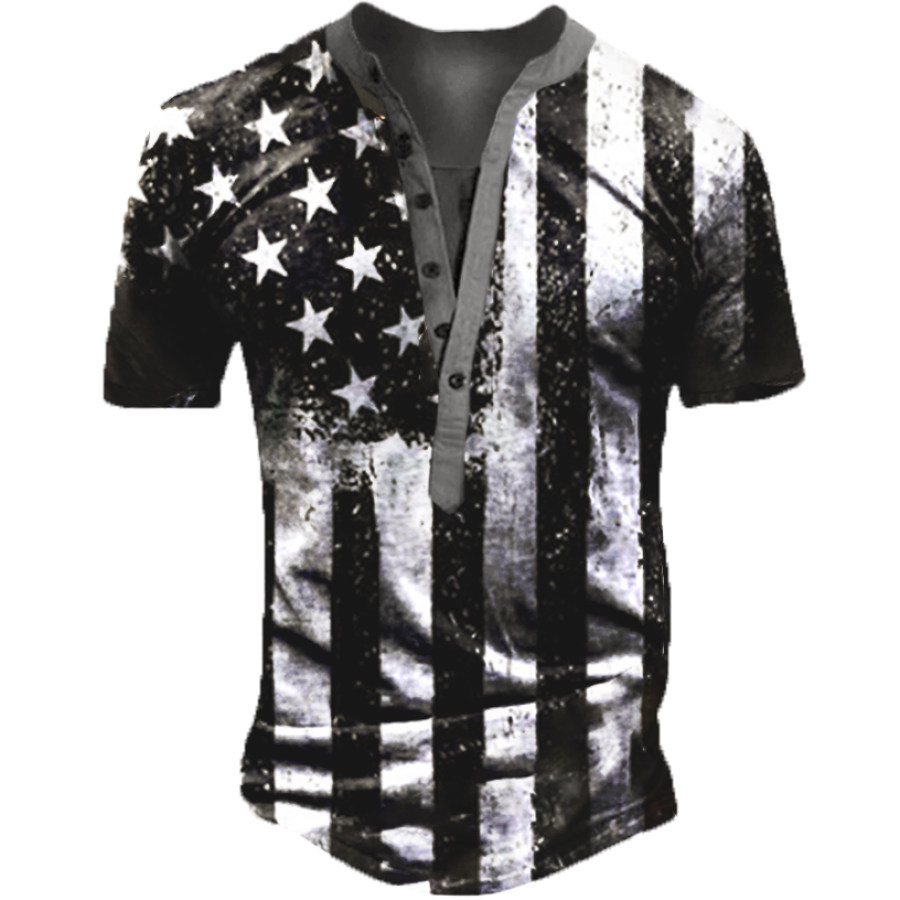 

Men's Vintage American Flag Black And White Striped Henley Shirt