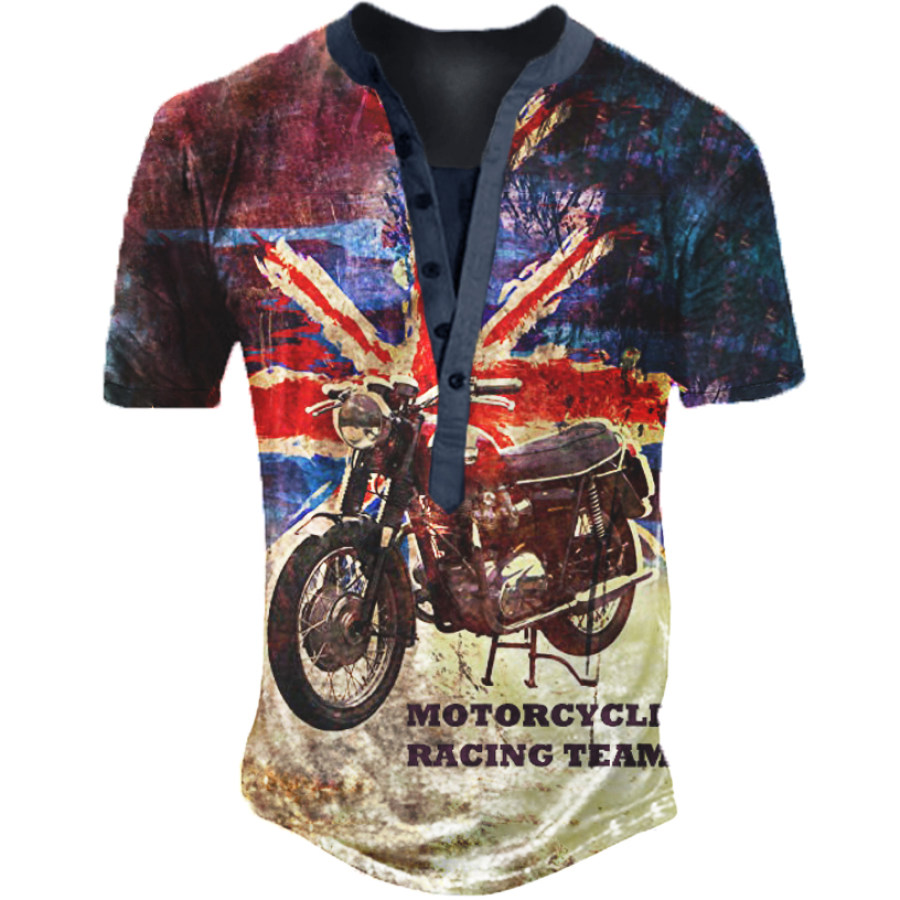 

Men's Vintage Union Jack Motorcycle Print Henley T-Shirt