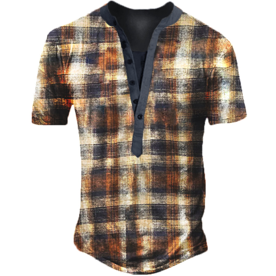 

Men's Vintage Plaid Print Henley T-Shirt
