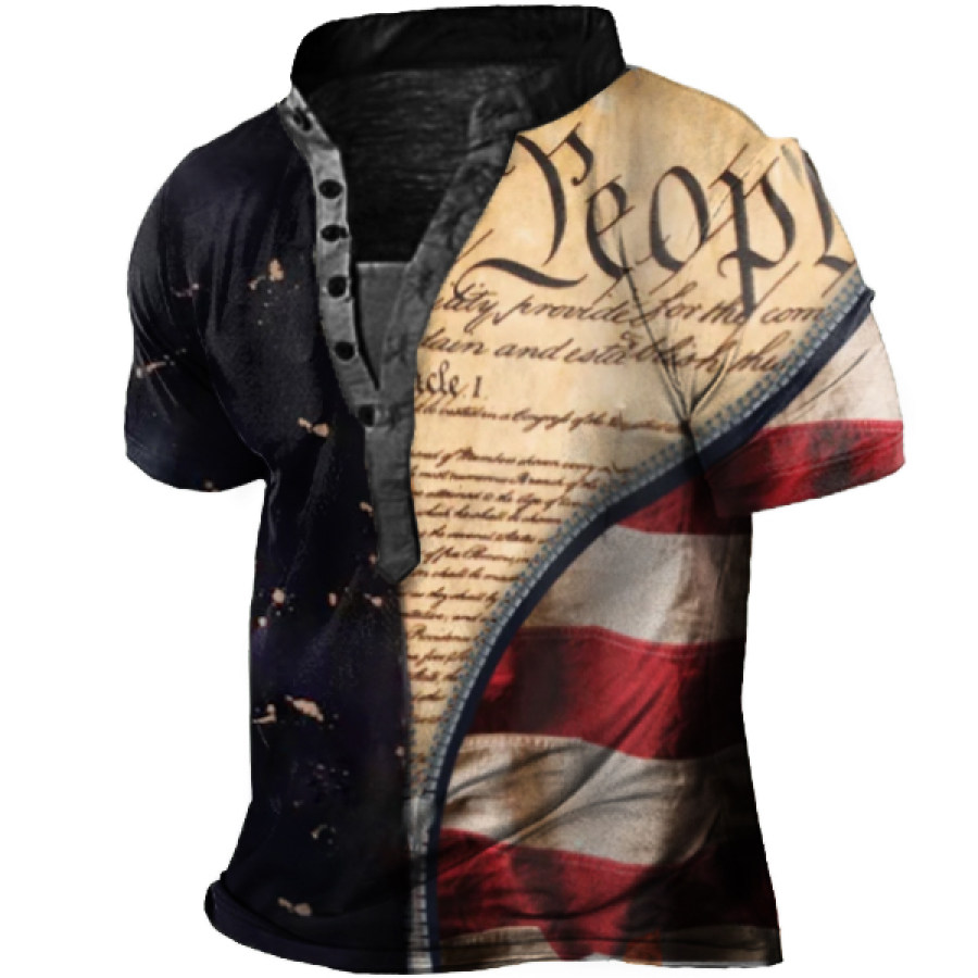 

Men's Vintage American Flag Zip Contrasting Colors Print Henley T-Shirt