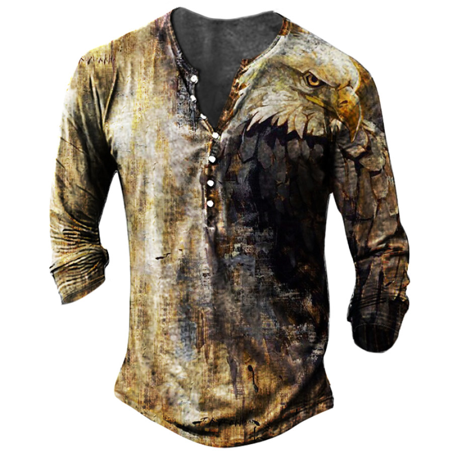 

Men's Vintage Distressed Eagle Print Henley Shirt