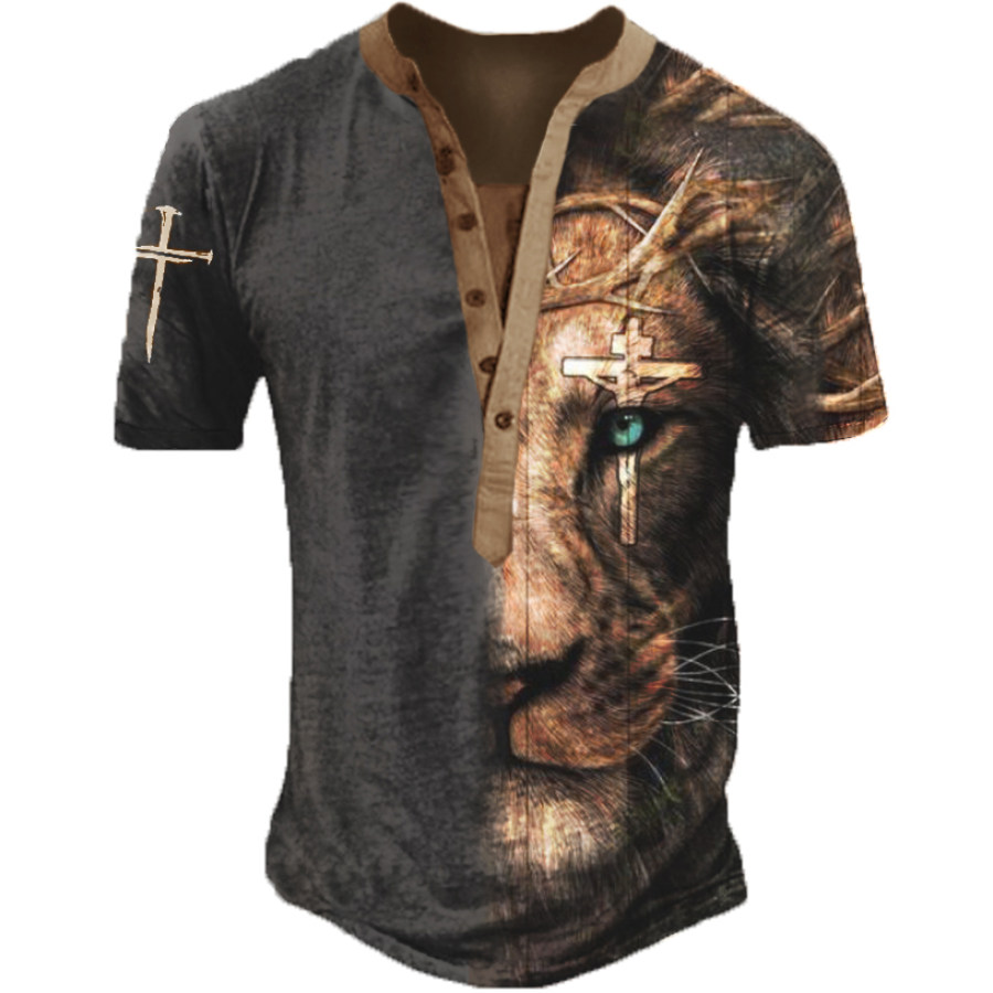 

Men's Vintage Lion Cross Print Henley T-Shirt