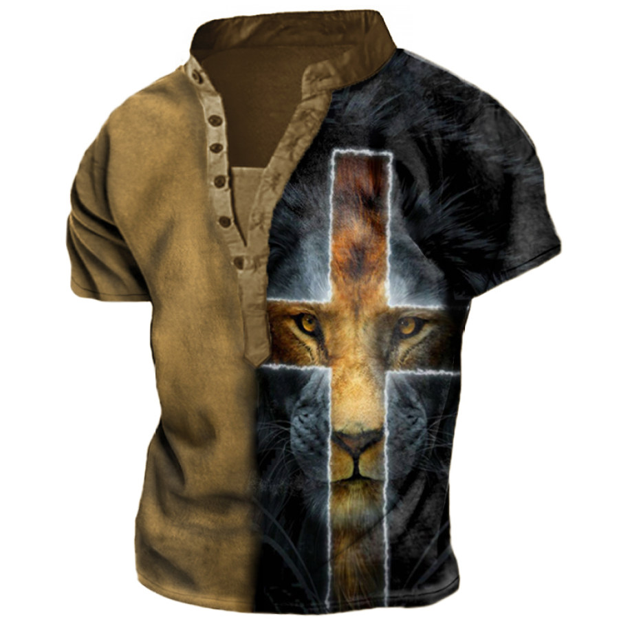 

Men's Vintage Lion Cross Print Henley T-Shirt