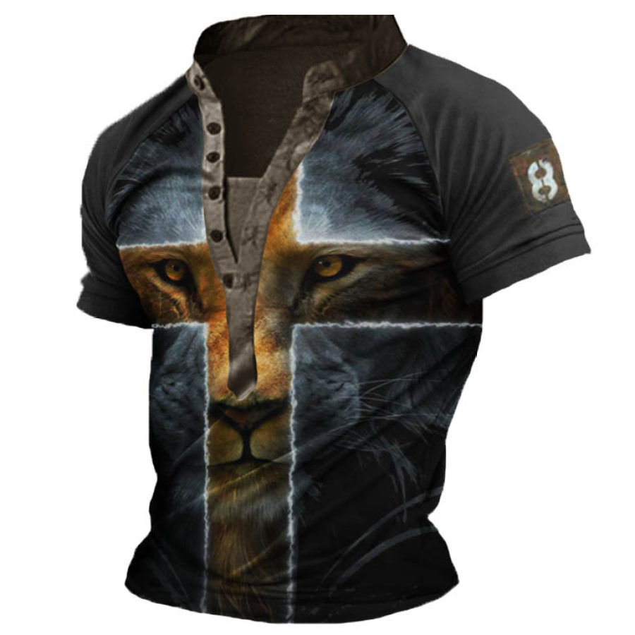 

Men's Outdoor Vintage Lion Cross Print Henley T-Shirt