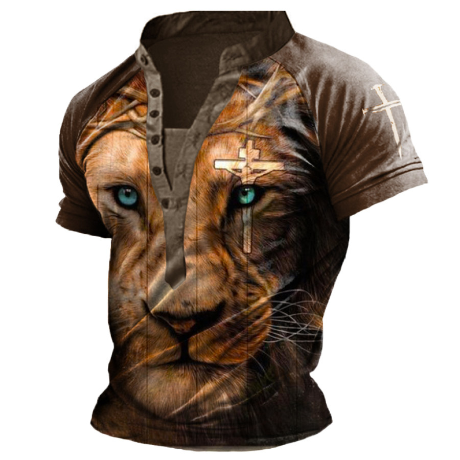 

Men's Vintage Lion Cross Print Henley T-Shirt