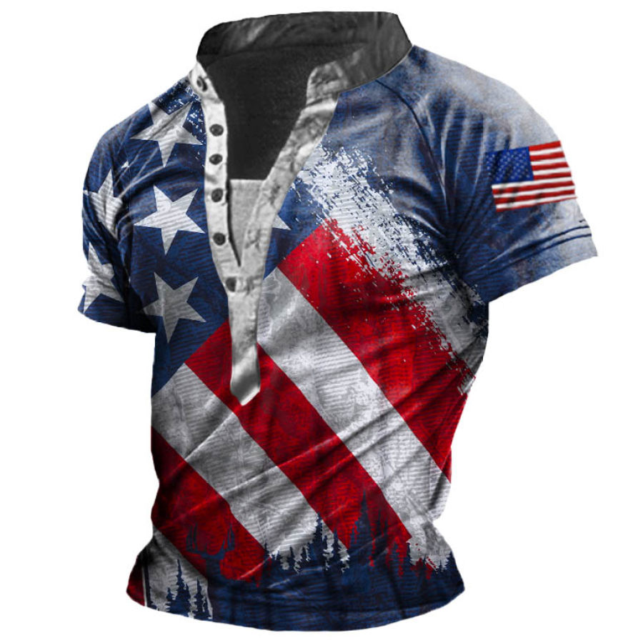 

Men's Casual American Flag Vintage Print Henley T-Shirt