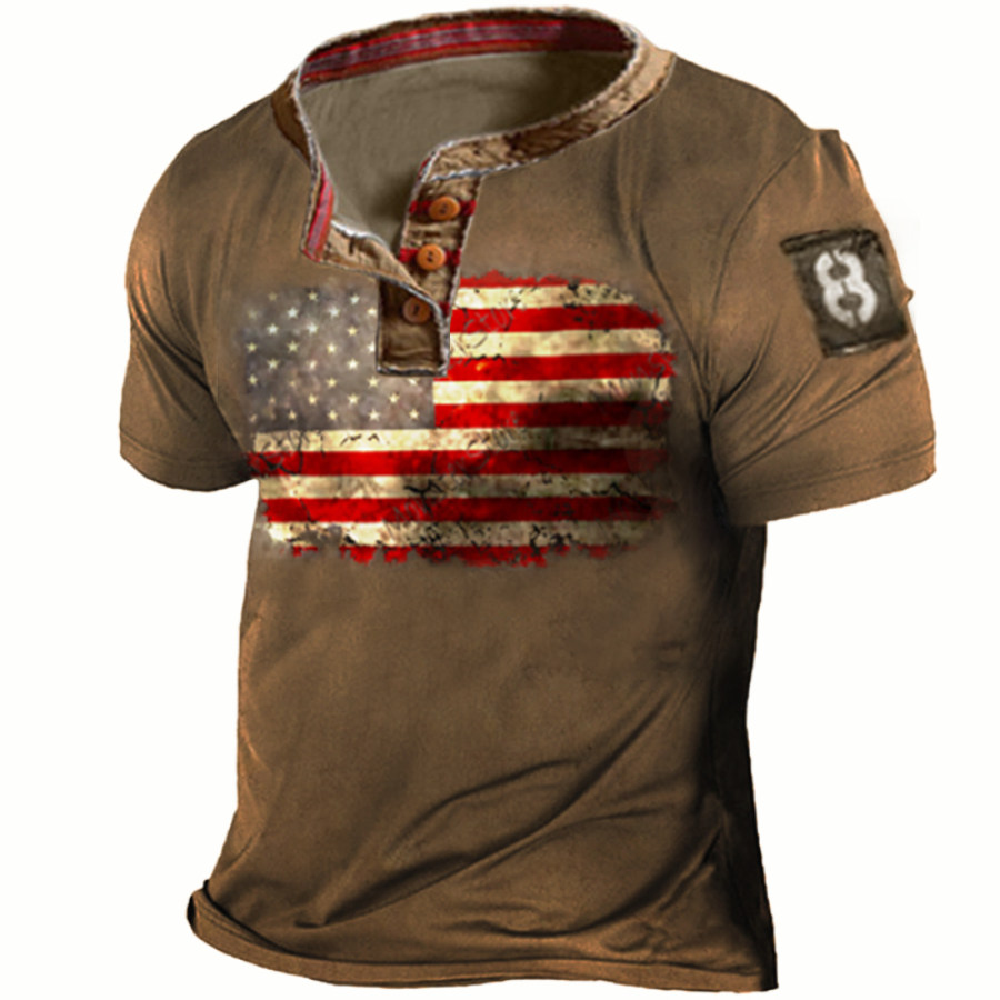 

Men's Vintage Outdoor American Flag Print Henley Shirt