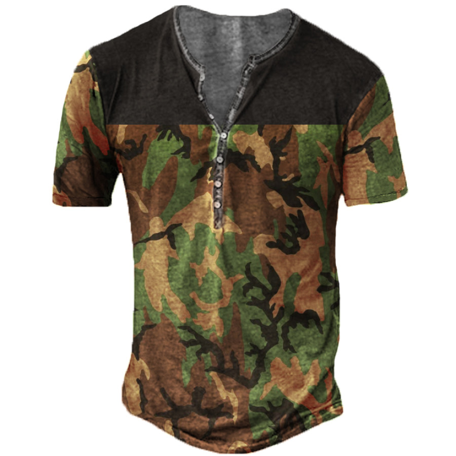 

Men's Casual Camo Panel Henley T-Shirt