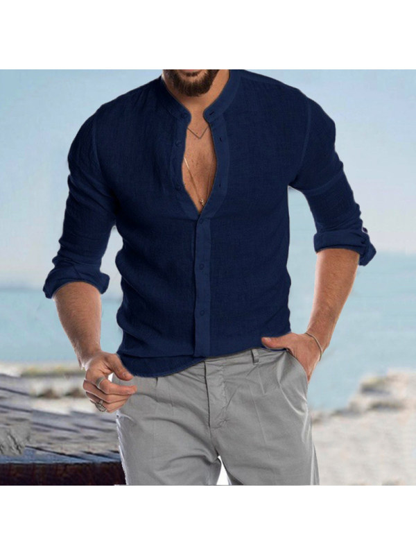 Men's Casual Linen Shirt Band Collar Long Sleeve Button Down Shirt