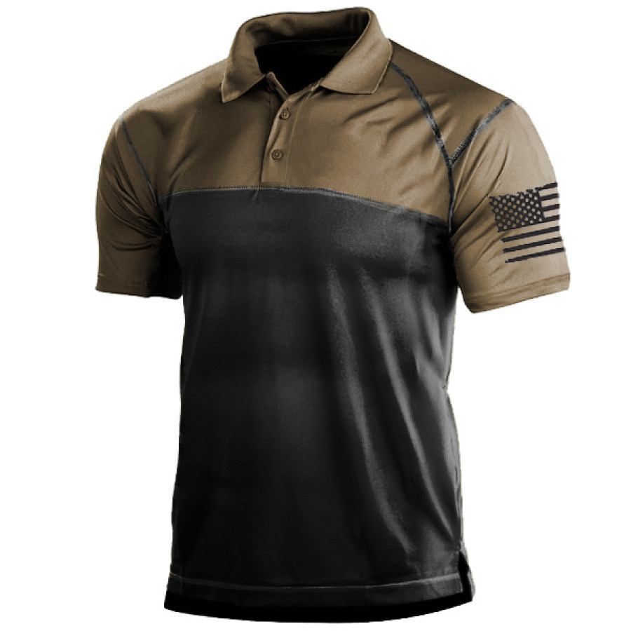 

Men's Outdoor Patchwork Contrast Color American Flag Print Tactical Polo Shirt