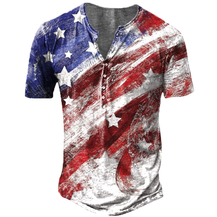 

Men's Casual American Flag Vintage Print Henley T-Shirt