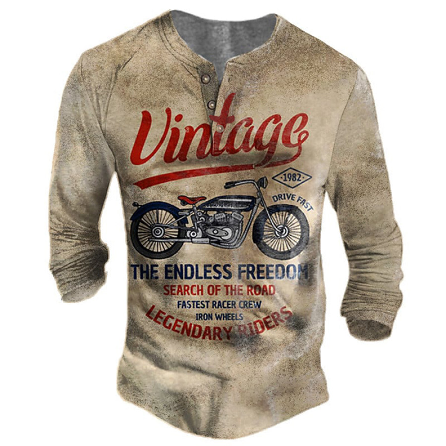 

Men's Vintage Racing Cycling Print Long Sleeve Henley T-Shirt