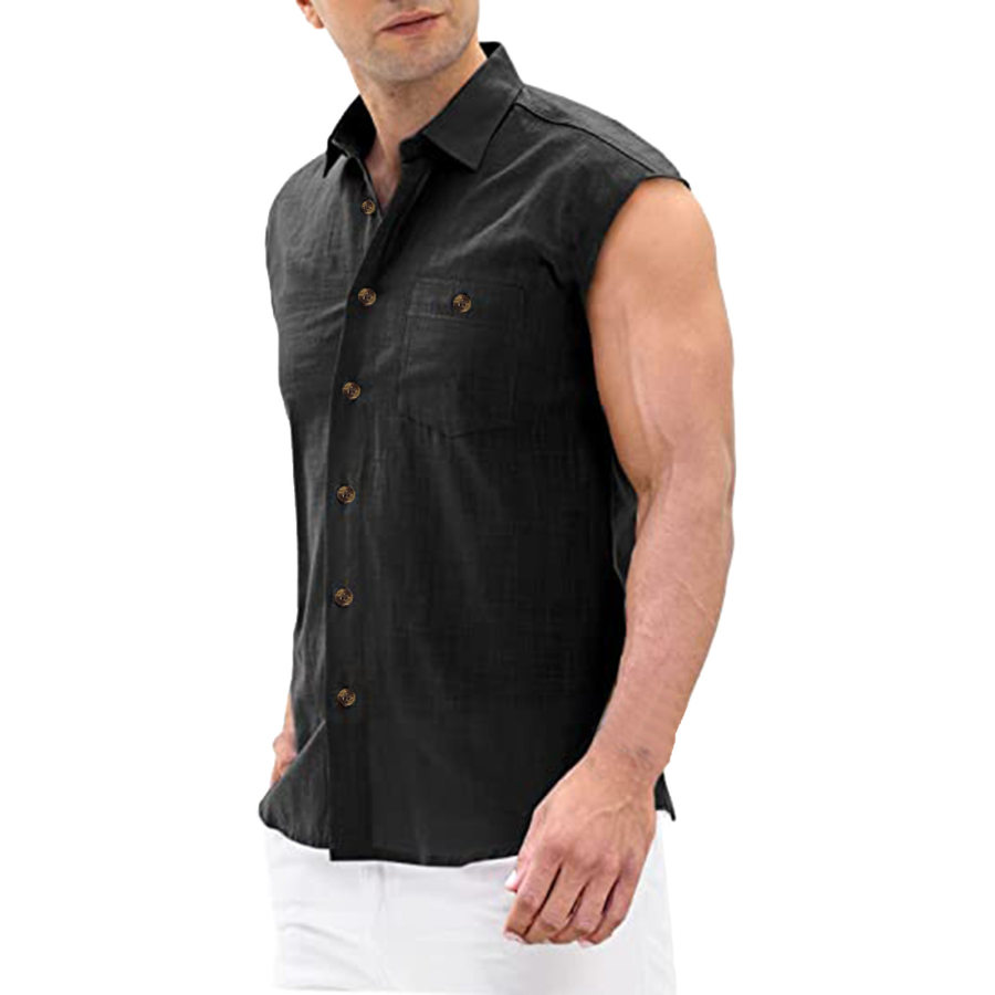 

Mens Casual Turn Down Collar Button Up Cotton Linen Sleeveless Solid Tank Shirt