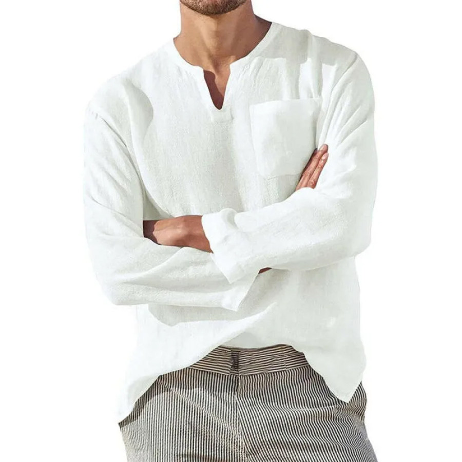 

Men's Casual V-Neck Cotton Linen Long Sleeve Shirt