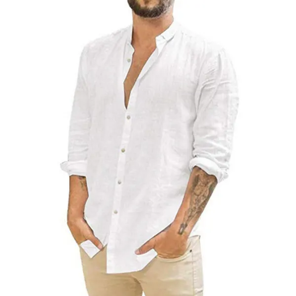 Men's Loose Linen Solid Color Casual Stand Collar Long Sleeve Shirt - Fineyoyo.com 