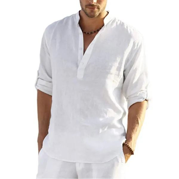 Men's Casual Loose Solid Color Stand Collar Cotton Linen Long Sleeve Shirt - Honeylop.chimpone.com 
