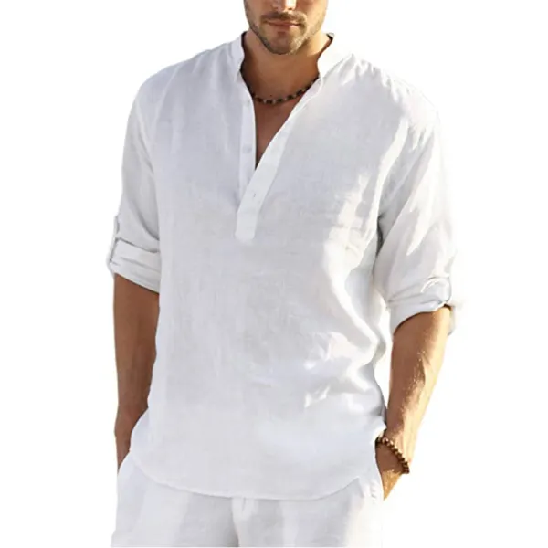 Men's Casual Loose Solid Color Stand Collar Cotton Linen Long Sleeve Shirt - Kalesafe.com 