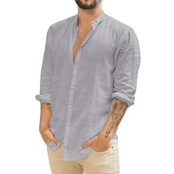 Men's Loose Linen Solid Color Casual Stand Collar Long Sleeve Shirt - Kalesafe.com 