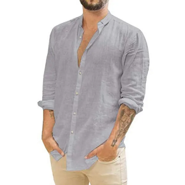 Men's Loose Linen Solid Color Casual Stand Collar Long Sleeve Shirt - Honeylop.chimpone.com 