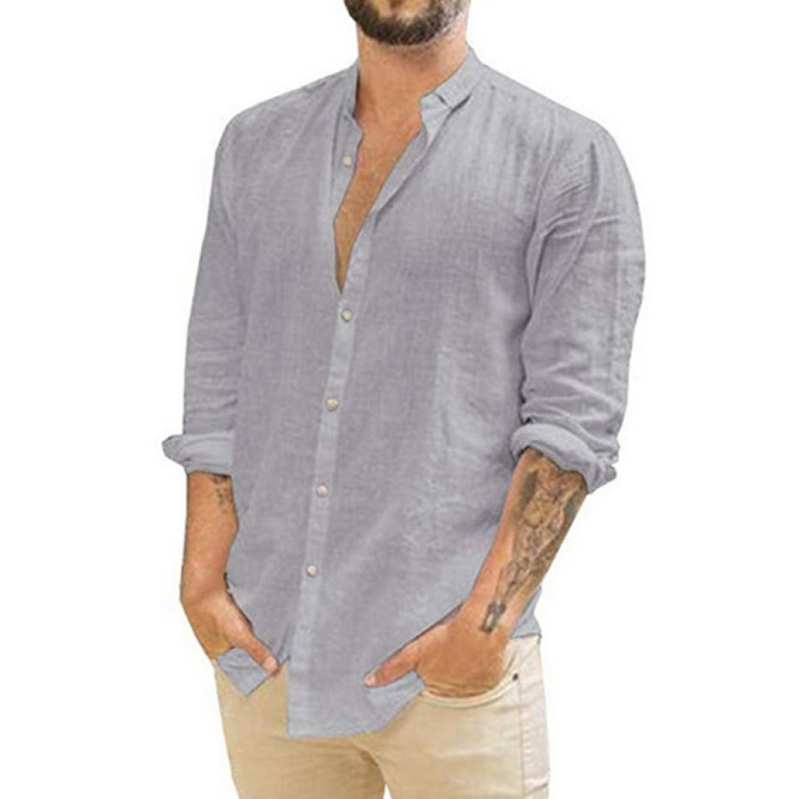 

Camisa De Manga Larga Con Cuello Levantado Informal De Color Sólido De Lino Suelto Para Hombre