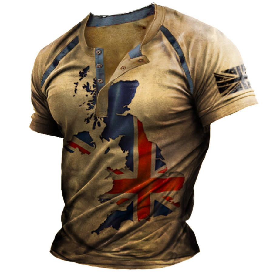 

Men's Outdoor Union Jack Map Vintage Print Henley Shirt