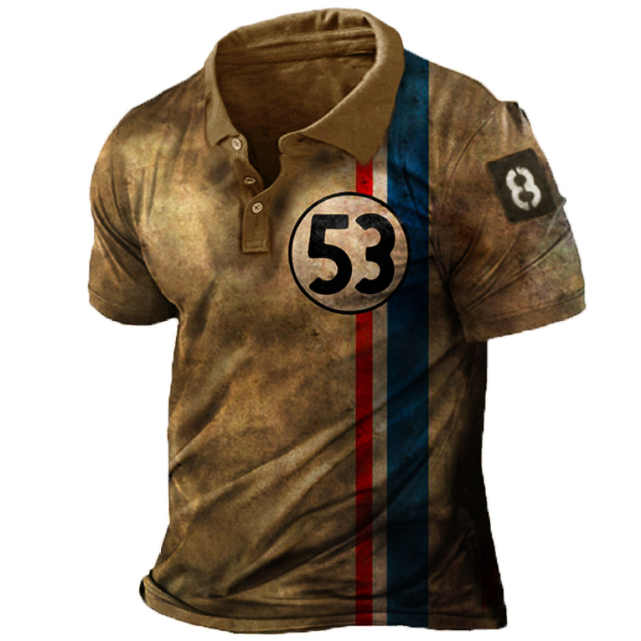 

Men's Vintage Racing Stripe Print Short Sleeve Polo Shirt