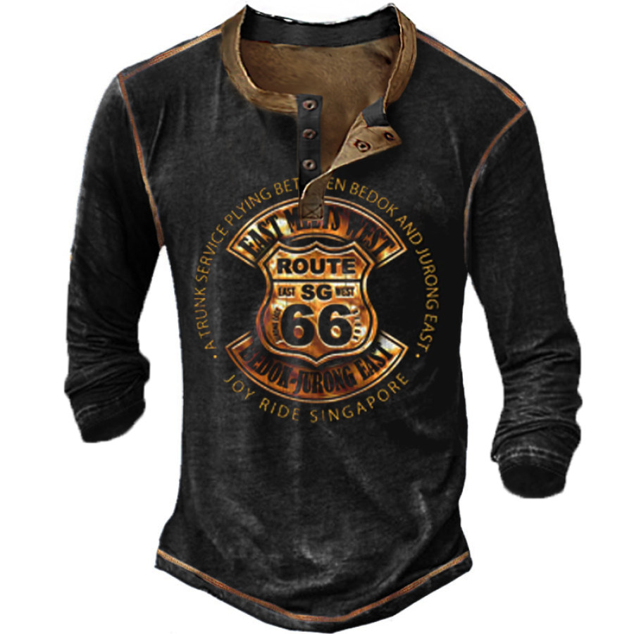 

Route 66 Vintage Print Men's Motorcycle Long Sleeve Henley T-Shirt