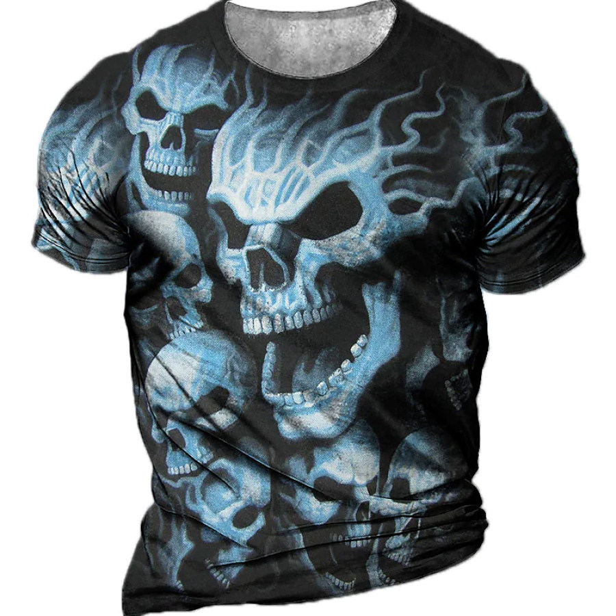 

Men's Vintage Blue Skull Print Short Sleeve T-Shirt