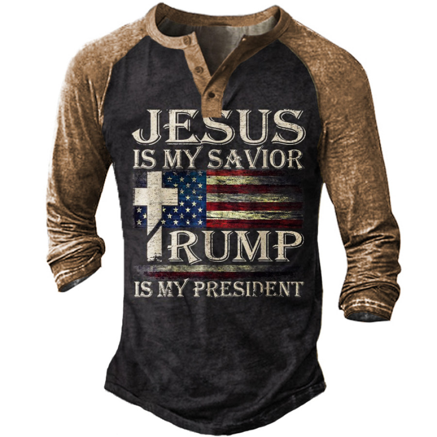 

Mens American Flag Vintage Alphabet Print Long Sleeve Henley Shirt