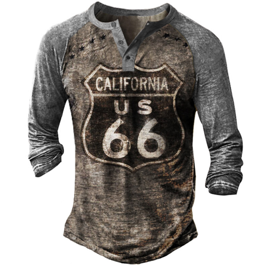 

Mens US Route 66 Retro Printed Long Sleeve Henley Shirt
