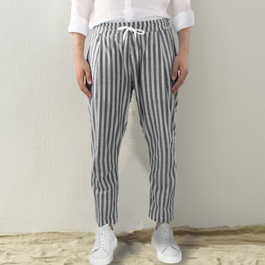 

Men's Casual Loose Striped Straight Cotton Linen Pants