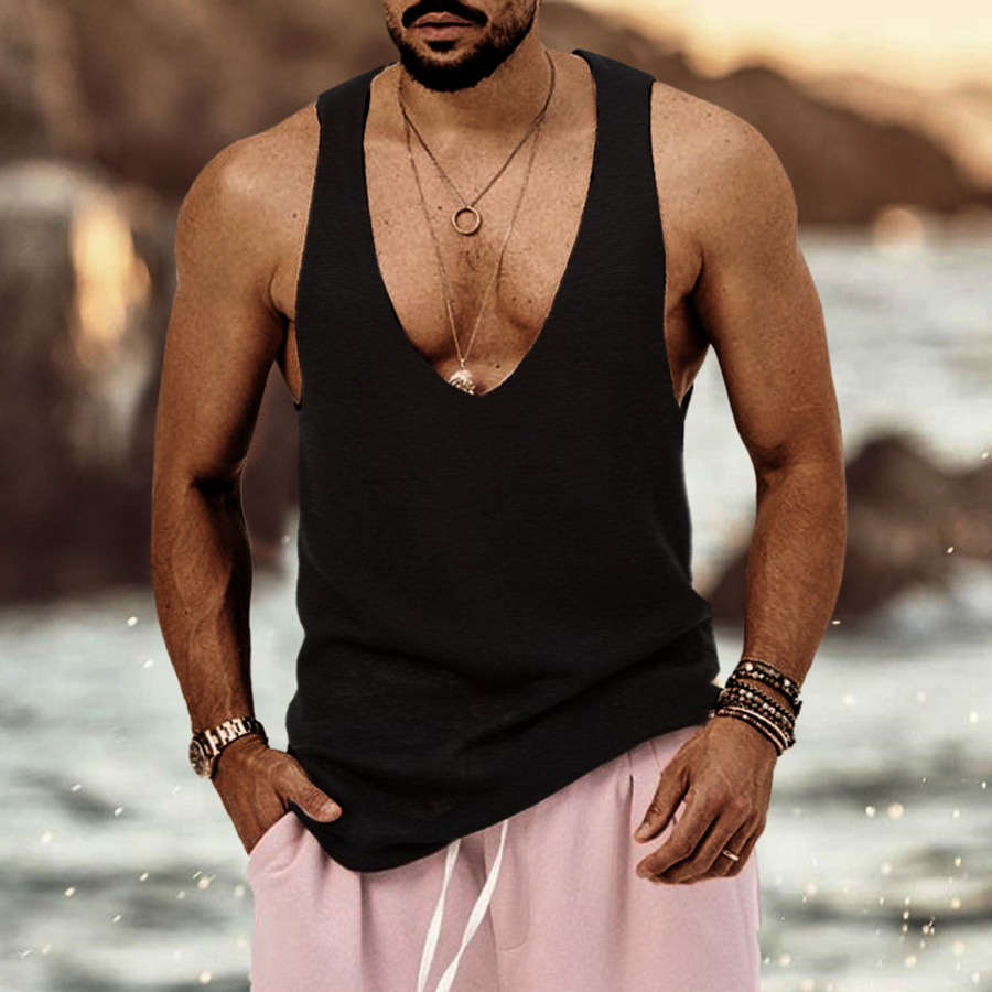 

Men's Seaside Beach Oversized Casual Stretch Breathable V-Neck Tank Top T-Shirt