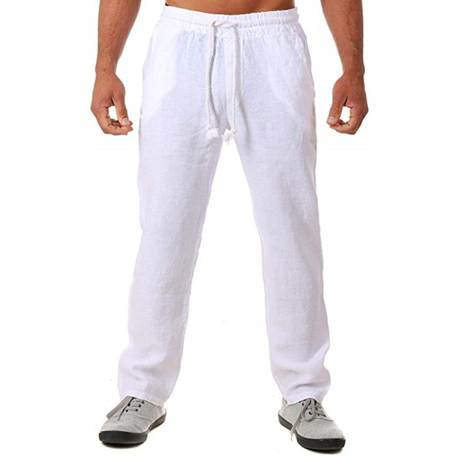 

Calça Masculina Casual De Algodão De Linho Com Cordão Solto