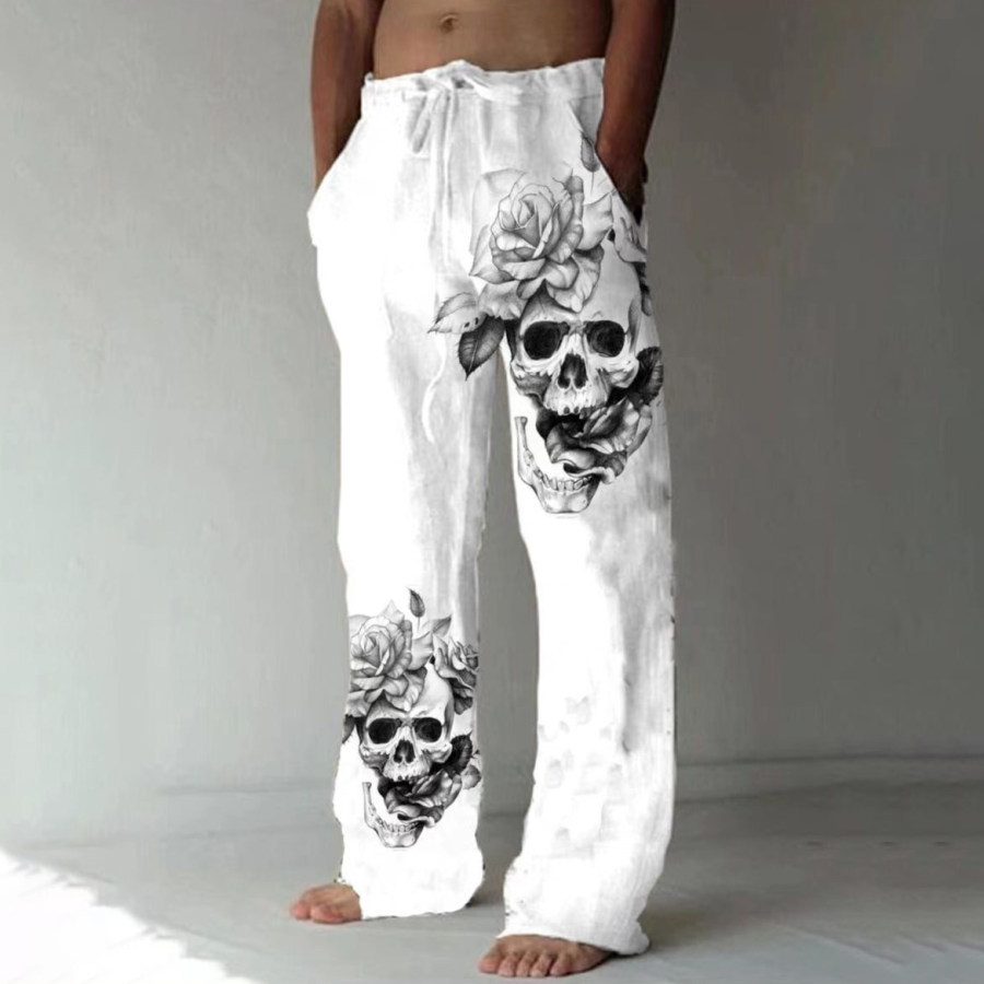 

Pantalones Casuales Sueltos De Lino Y Algodón Con Estampado De Calavera Para Hombre